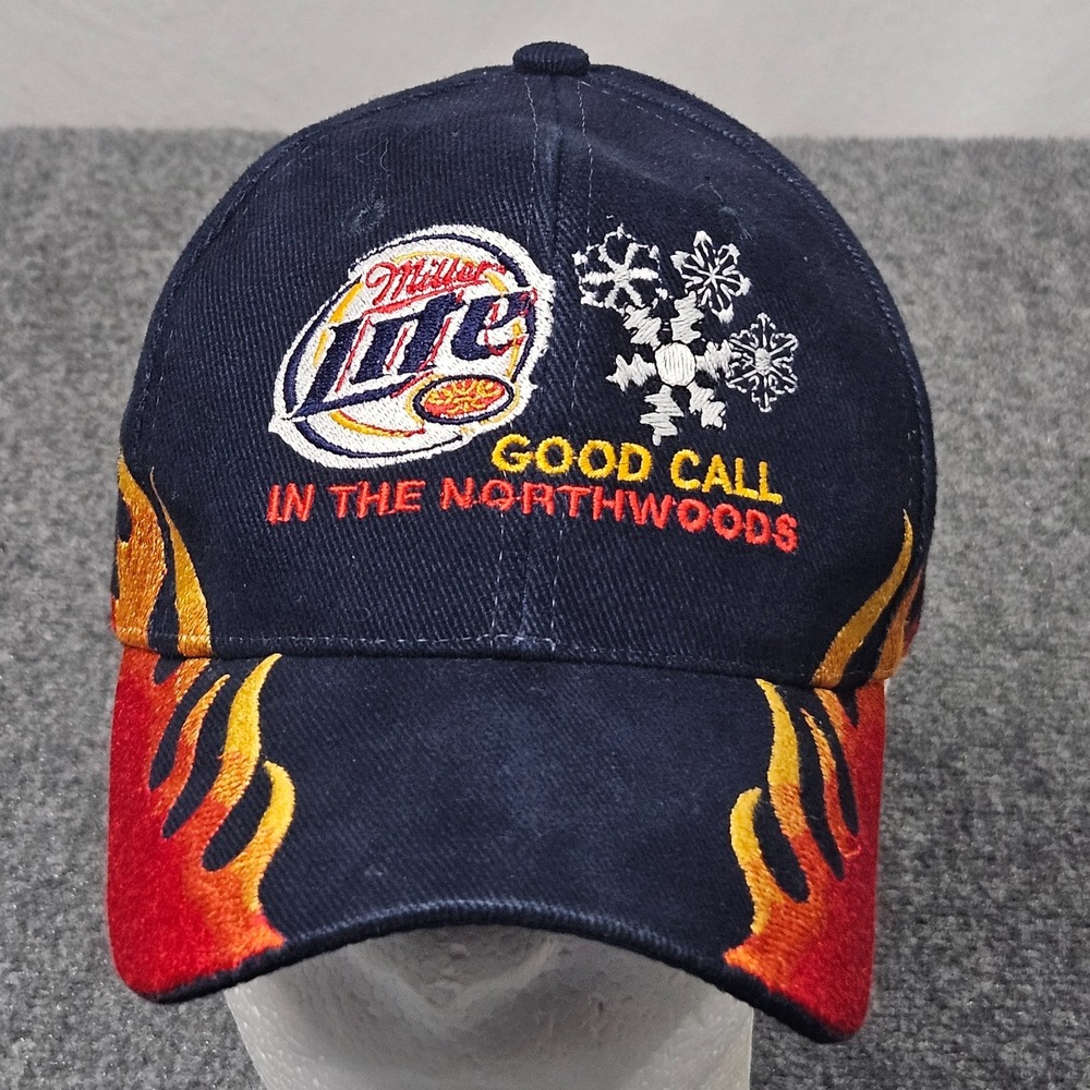 Miller Lite Hat M L Navy Blue Flame Embroidered Northwoods Cap Winter Cabincore
